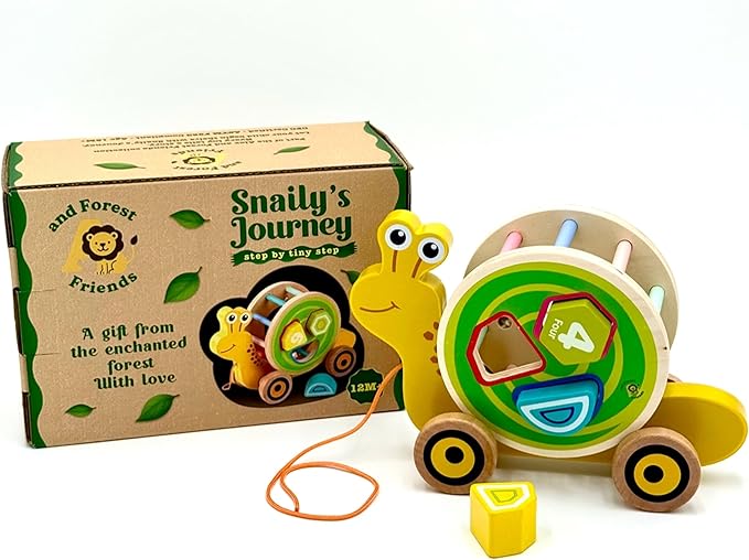 Snaily's Journey – Step by Tiny Step | Wooden 2-in-1 Pull Toy & Removable Shape Sorter Drum | Educational Animal Pull-Along for Toddlers | Fine Motor Skills Development | Gift for Boys & Girls