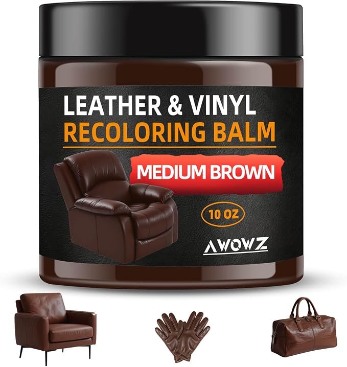 Leather Recoloring Balm - Scratch Repair & Color Restore Kit for Faded Leather, Leather Couch & Car Seats - 10OZ Leather Restorer Balm for Furniture, Auto Interior, Vinyl, Accessories (Medium Brown)