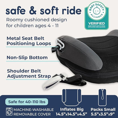 Hiccapop UberBoost Inflatable Booster Car Seat | Blow up Narrow Backless Booster Car Seat for Travel | Portable Booster Seat for Toddlers, Kids, Child | Black/Gray