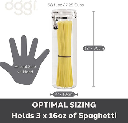 Oggi Tall Clear Canister with Clamp Lid, 58 oz - Large Airtight Food Storage Container, Ideal for Kitchen & Pantry Storage of Bulk, Dry Foods Including Pasta & Spaghetti