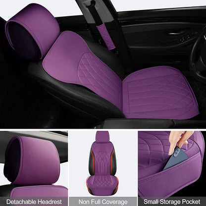 BEITK 2 Pack Leather Front Car Seat Covers, Universal Sideless Car Seat Protectors with Storage Pocket and Seat Belt Pads, Waterproof Automotive Seat Cover for Cars Trucks SUV(Purple)