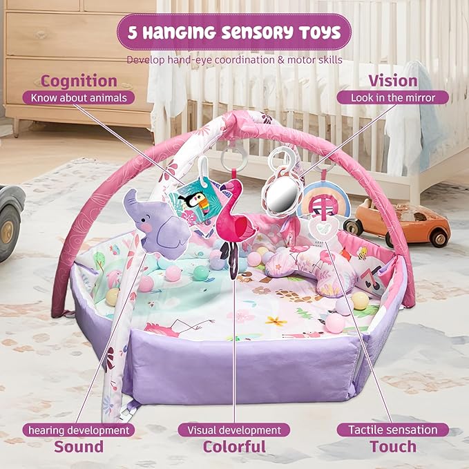 7-in-1 Large Activity Mat for Babies 0-6 Months Tummy Time Mat Play Mat, 5 Tummy TimeToys, 18 Ocean Toys, and 1 Tummy Time Pillow, Baby Activity Mat Easy to Install & Clean, Baby Gift
