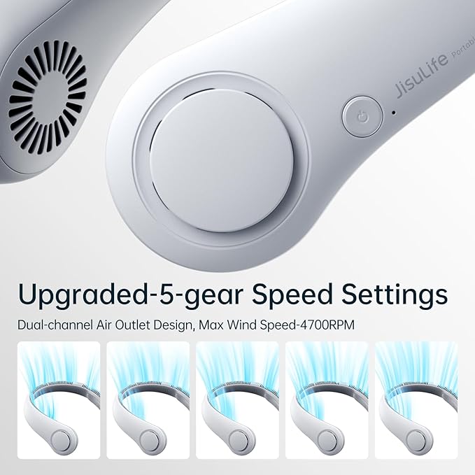 JISULIFE Portable Neck Fan, Hands-Free Bladeless, 5 Speeds, 4000 mAh Battery