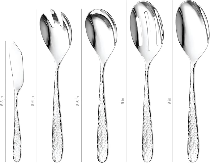 Hammered Serving Utensil Set, 18/10 Stainless Steel Serving Spoons, Salad Servers, Butter Knives, Mirror Finish, Dishwasher Safe, Elegant and Durable (10-Piece Serving Set, Fidenza Hammered)
