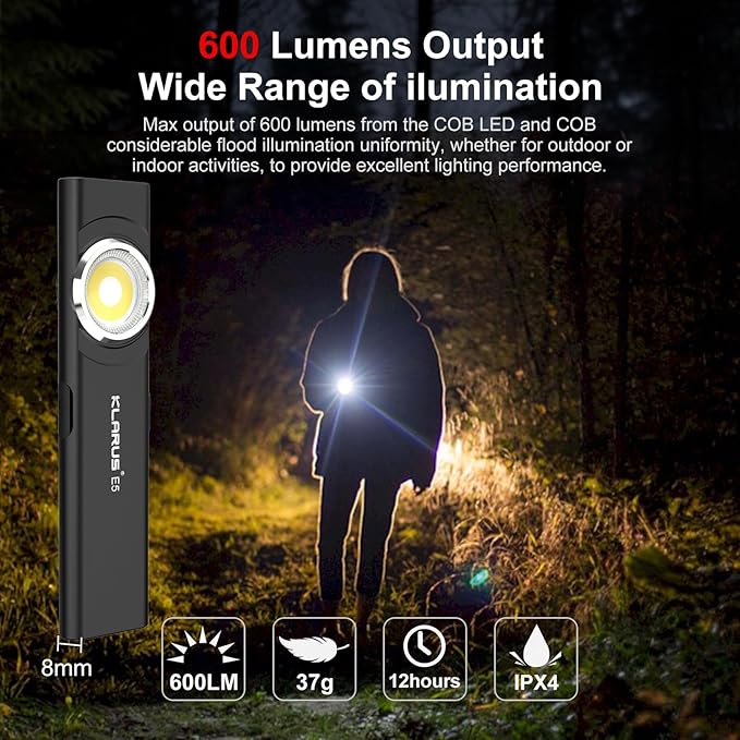 klarus E5 2Pcs Pocket Flashlight, Rechargeable EDC Flashlight, Super Slim 4.2x1x0.3inch, 600 Lumens, USB-C Port, IPX4, Dual Light Source with Magnetic Base, Hat & Clothes Clip (Black 2Pcs)