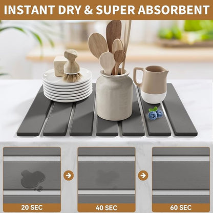 Stone Dish Drying Mat for Kitchen Counter, 15.5''x11.8'' Foldable Quick Dry