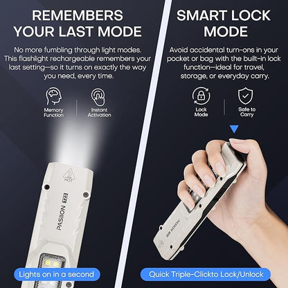 EDC Tactical Flashlight, Flat Flashlights Rechargeable,Dual-Switches LED Small Flashlight with Digital Display,Stainless Steel 8 Modes Pocket Flash Light for Home, Camping,and Emergency Use