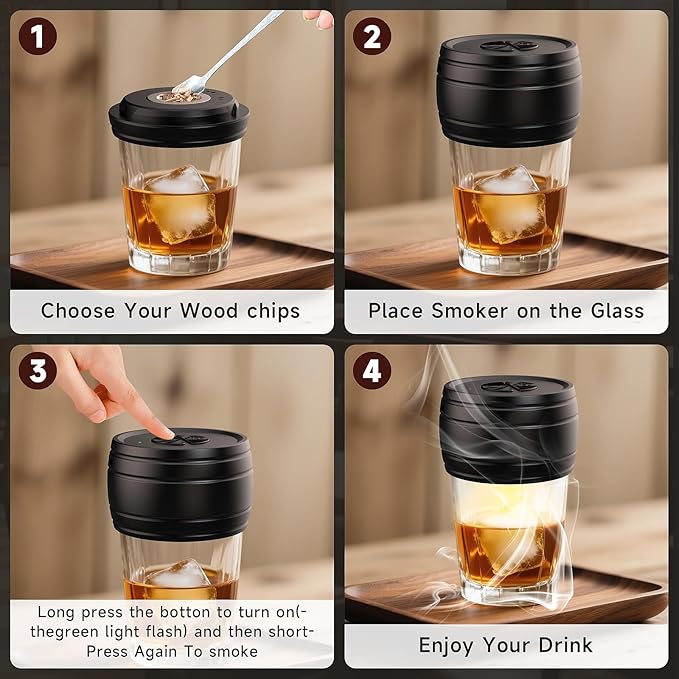 Electric Whiskey Smoker Kit Built-in Lighter, Rechargeable Old Fashioned Cocktail Bourbon Drink Smoker kit with 6 Wood Chips Birthday Gifts for Men Dad Husband Boyfriend Mens