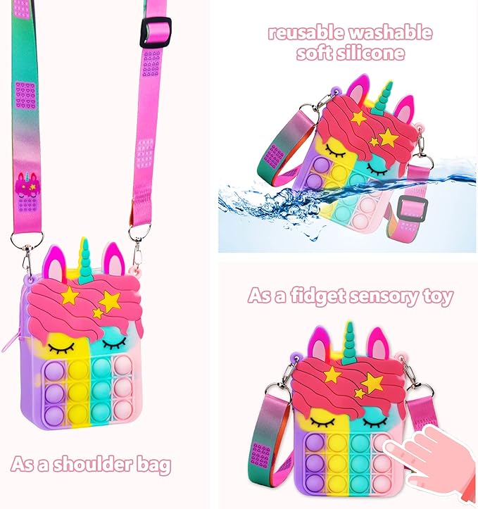 Civan Small Pop Purse,Unicorn Pop Purse for Girl Boy and Women Pop Bag with Unicorn Pop Toy,Shoulder Bag Fidget Toys Pop Fidget Backpack Toy for ADHD Anxiety School Backpack Silicone Bag Pop for Girls