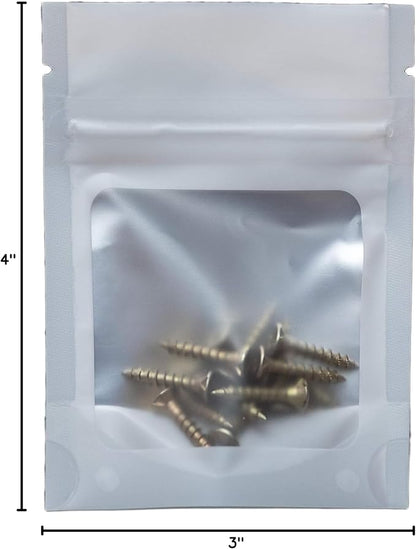 HANSER | Smell Proof Odorless Mylar Resealable Foil Pouch Bags with clear Window | Stand up bottom | Airtight | matte white | 100 Pieces | 3x4 inches