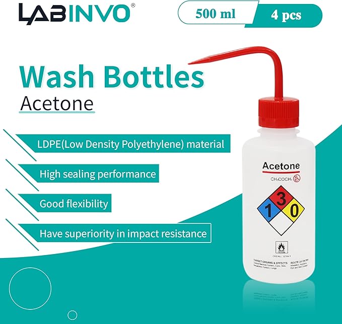 4pcs of Acetone Wash Bottles, Vol.500ml (17oz), Narrow Mouth, Self-Venting Safety Wash Bottles, LDPE Material, IN-WBA500