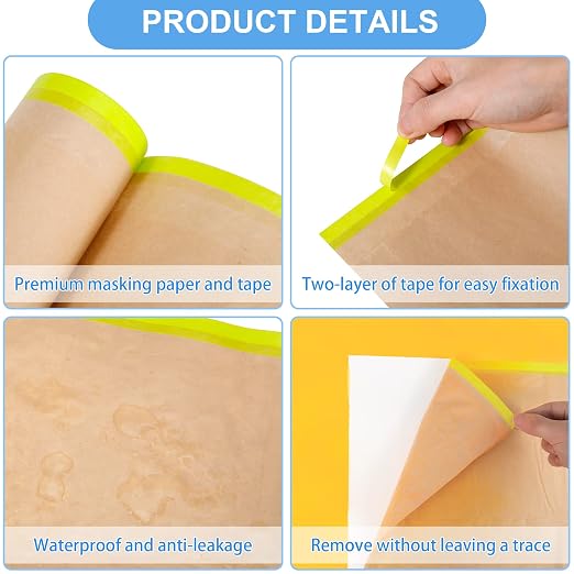 MyLifeUNIT Masking Paper, Automotive Paint Paper Roll with Tape, Assorted Sizes Tape and Drape Waterproof for Painting Protection Covering (Each Roll 50 Feet, 4 Rolls)