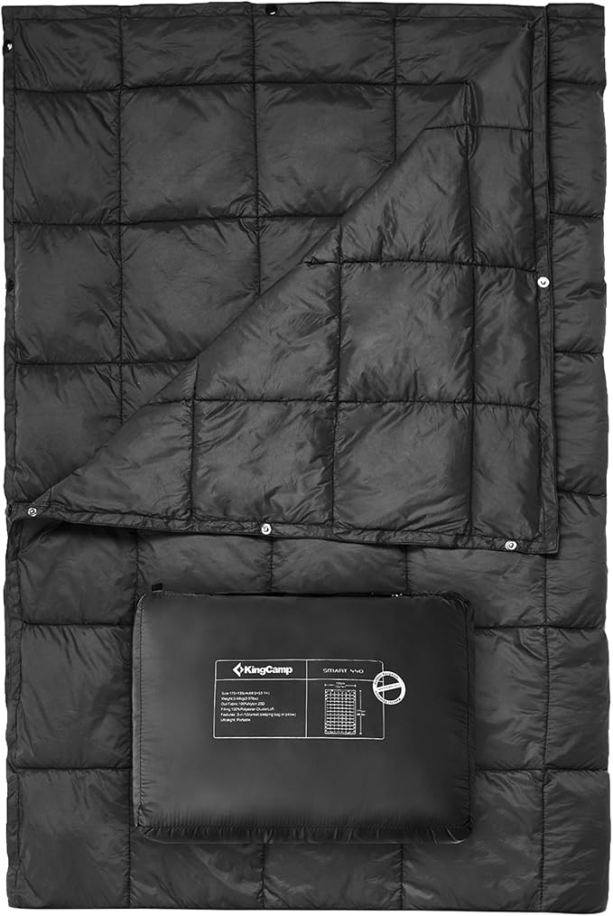 KingCamp Ultralight Camping Blanket, Packable Down Alternative Puffy Wearable Blankets Weatherproof Warm Package Quilt with Snap Buttons for Outdoor Hiking Travel Picnic Stadium (79" x 57", BLACK)