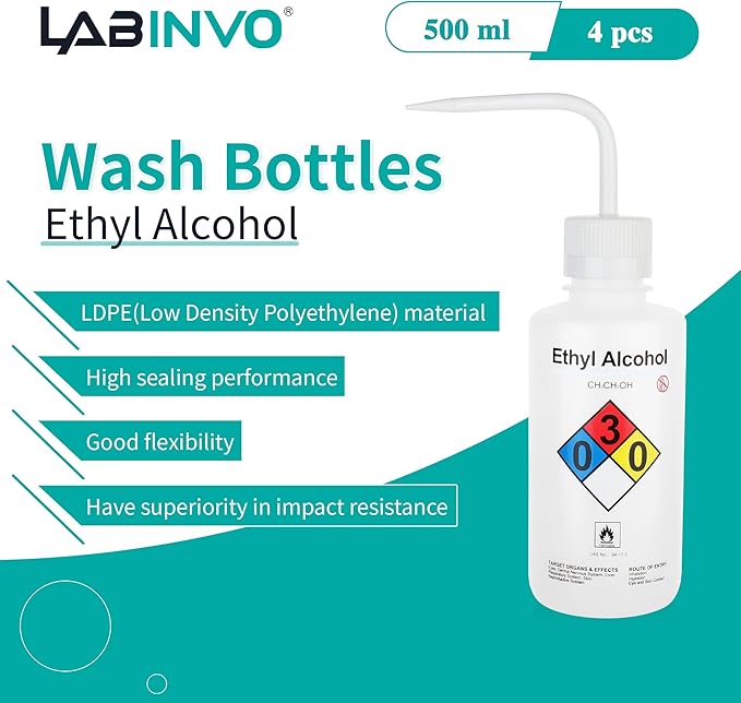 4PCS of Ethyl Alcohol Wash Bottles, Vol.500ml (17oz), Narrow Mouth, Self-Venting Safety Wash Bottle, LDPE Material, IN-WBE500
