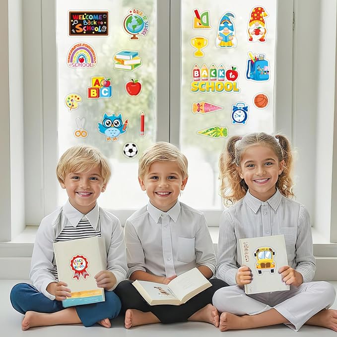 MARFOREVER 50 PCS Back to School Window Thick Gel Clings Stickers Reusable School Window Clings Decals for Welcome Back to School Party Supplies Wall Glass Blackboard Decorations