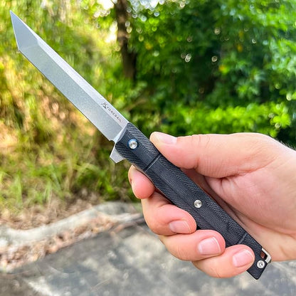 Flipper Pocket Folding Knife,DC53 Steel Blade and G10 Handle. With pocket clip and glass breaker,men's pocket knife hiking trip EDC tool Knife (Stone Wash Blade-T)