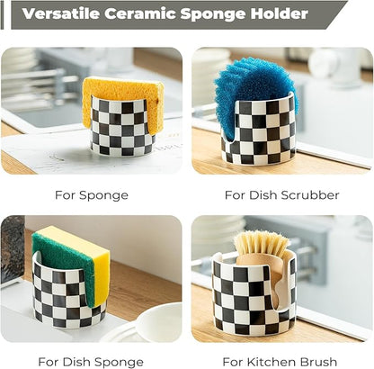 Zoeeker Checkered Kitchen Sink Sponge Holder, Dish Sponge Rack Ceramic Brush