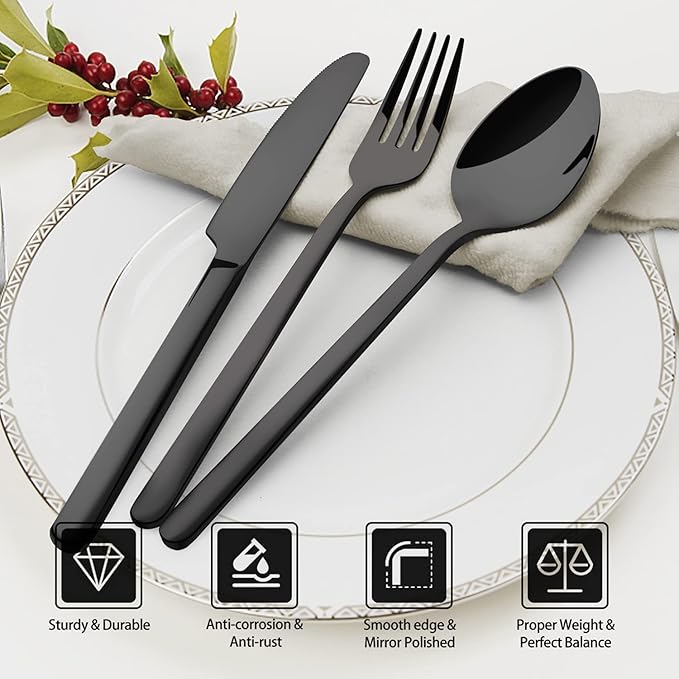 KINGSTONE Black Silverware Set, 40 Piece Flatware Set for 8, 18/10 Stainless steel Cutlery Set for Home Kitchen and Restaurant