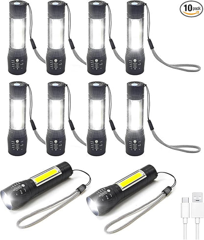 10 Pack LED Rechargeable Flashlight, Super Bright Small MiniCamping Flashlights Zoomable Beam, Convenient USB C Charging for Camping Hiking Outdoor Home Emergency (Style 6)