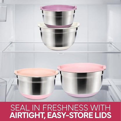 COOK WITH COLOR Stainless Steel Mixing Bowls Set with Lids - Nesting Bowls with Non-Slip Bottom, Rose, 12 Pieces