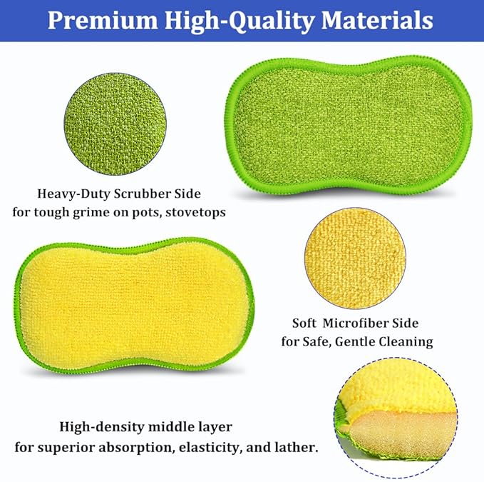 Dish Sponges Kitchen, 12 Pack Multi-Purpose Microfiber Scrub Sponge
