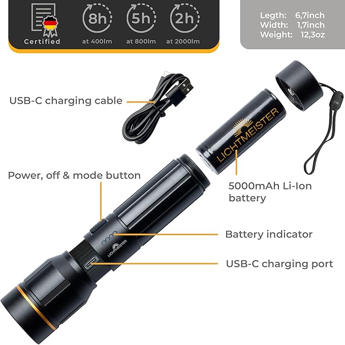 LICHTMEISTER® Flashlight (2000 Lumens, 5000 mAh Battery) ??Rechargeable Flashlight ??Flashlights High Lumens ??Tactical Flashlight ??Flashlight Rechargeable - Extra Bright LED Flashlight