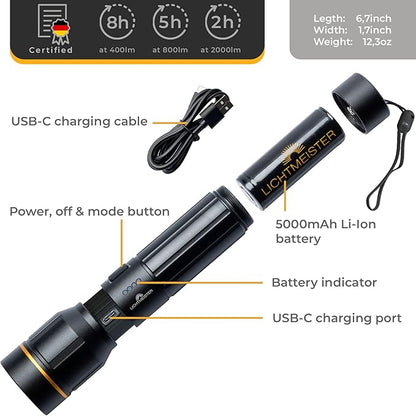 LICHTMEISTER® Flashlight (2000 Lumens, 5000 mAh Battery) ??Rechargeable Flashlight ??Flashlights High Lumens ??Tactical Flashlight ??Flashlight Rechargeable - Extra Bright LED Flashlight