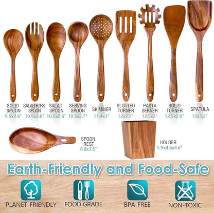 HOWHONG Wooden Spoons for Cooking, Premium Acacia Wood Kitchen Utensil Set