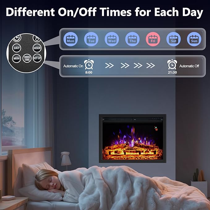 24.5" Electric Fireplace Inserts, Adjustable Brightness, Thermostat&Timer