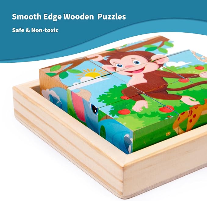 Wooden Animals Block Puzzles for Kids, Puzzles for Ages 2-4 with Book, Jigsaw Puzzles Preschool Learning Educational Toys Gift for Boys Girls, Wood Farm Cube Puzzles for Toddlers 2 3 4 5 6 Years Old