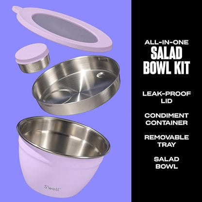 S'well Stainless Steel Salad Bowl Kit 64oz, Lilac, Comes with 2oz Mini Canister and Removable Tray for Organization, Leakproof, Easy to Clean, Dishwasher Safe