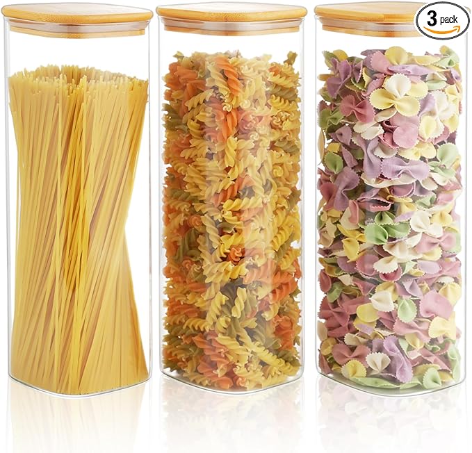 82 Oz Glass Storage Containers with Bamboo Lids, Square Glass Canister Sets Clear Glass Pantry Storage Containers with Lids for Cookie Flour Oat Pasta Tea Coffee Bean, Set of 3