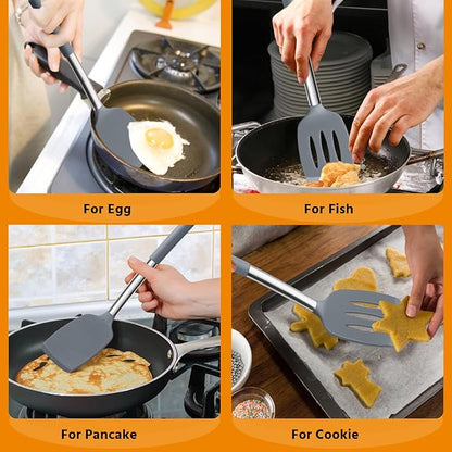 Silicone Spatula Set of 2, E-far Solid & Slotted Turner