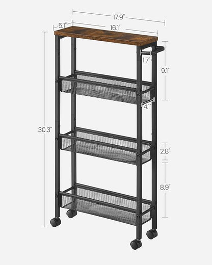 VASAGLE Slim Rolling Cart, 4-Tier Narrow Storage Cart with Handle, 5.1 Inches Deep, Metal Frame, for Kitchen, Dining Room, Living Room, Home Office, Rustic Brown and Classic Black ULRC032B01V1