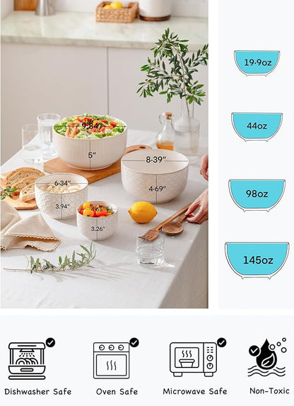 Mikiegy Ceramic Mixing Bowls Set of 4, Nesting Ceramic Embossment Stoneware