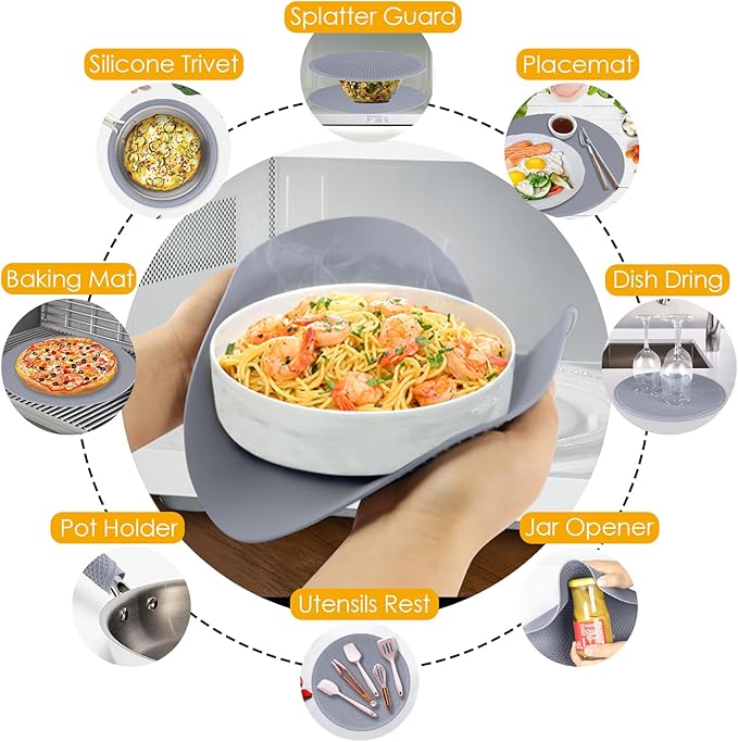 12 Inch Multi-Purpose Silicone Mat, As Drying Mat, Microwave Mat, Trivet, Pot Holder, Placemat, Utensils Rest, Pad for Hot Pans Plates Dishes Kitchen Countertop, Heat Resistant Mat, Light Gray 2 Pack