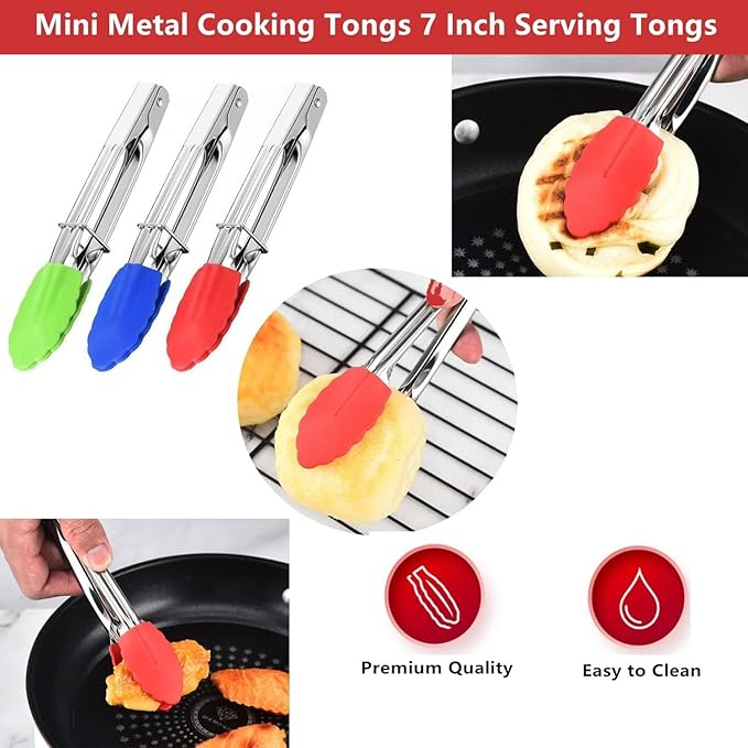 Mini Kitchen Tongs with Silicone Tips, 3-Piece Set, 7-Inch Non-Stick Tongs with