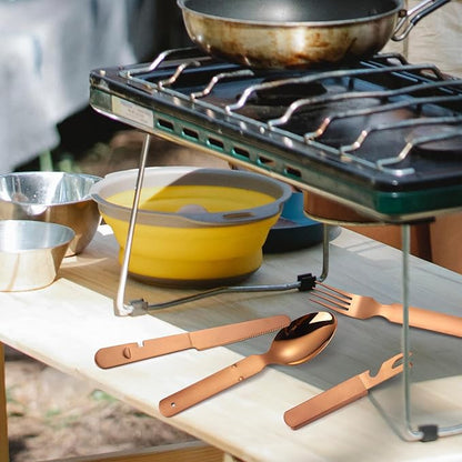 Camping Silverware Copper/Rose Gold Flatware Stainless Steel Eating Utensils Set Travel Portable Knife Fork Spoon Bottle Opener 4 Pieces Multi-functional Durable