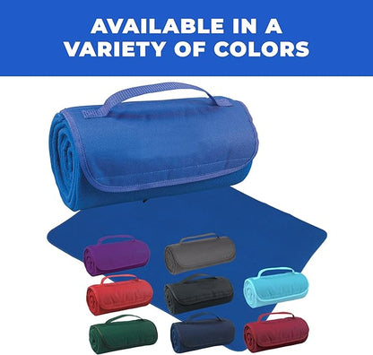 25 Ct of Roll-Up Blankets for Camping, Travel, Outdoors, Beach, Picnics – Dark Blue – Hook + Loop Closure for Easy Use in Cars & on Airplanes – Customizable for Promotions & Events