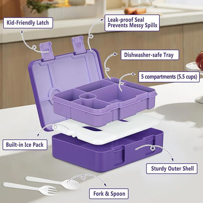 Chill Lunch Box Kids, Leak Proof Adult Bento Box with Ice Pack, 6 Compartment Lunch Container with Utensils for Girl Boy Back to School, 5.5-Cup Capacity, Dishwasher Safe, BPA Free