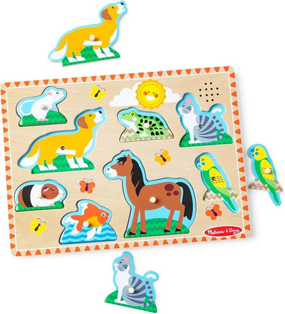 Melissa & Doug Zoo Pet Animals Sound Puzzle – 8-Piece Wooden Peg Puzzle with Light-Activated Sounds, Music Learning Toy for Toddlers and Preschoolers Ages 2+
