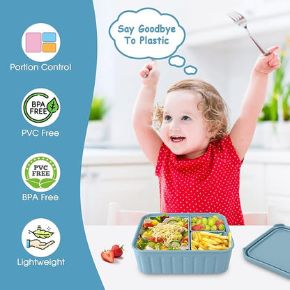 Bento Lunch Box for Kids-Reusable Silicone Kids Bento Box Lunch Container Leakproof Lunchbox Meal Prep Food Storage Containers with 3 Removable Compartments–Dishwasher Safe/BPA Free/Portion Control