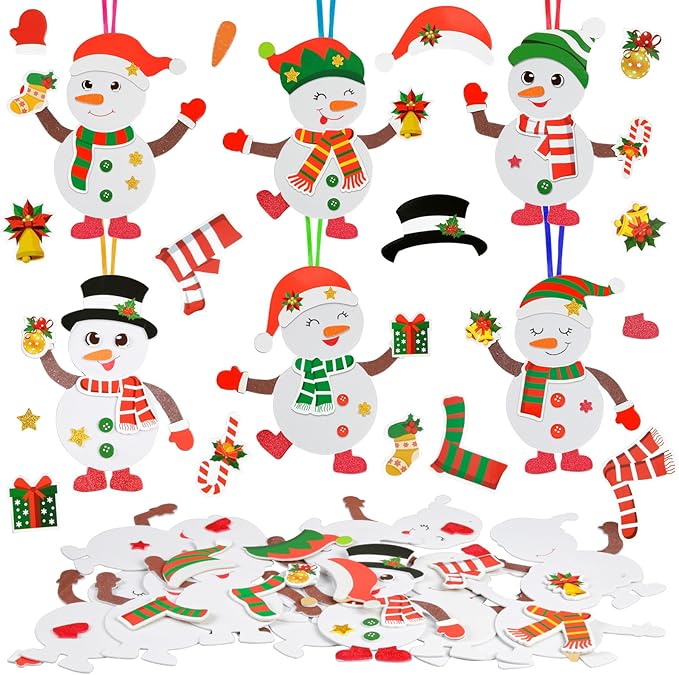 Fennoral 12 Pack Snowman Craft Kits for Kids Make You Own Snowman Foam Stickers Ornament DIY Christmas Arts and Crafts for Chirstmas Party Supplies Winter Christmas Tree Decoration