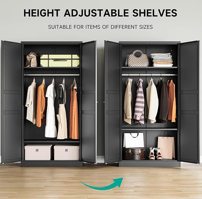 SISESOL Metal Wardrobe Cabinet with Hanging Rod,Black Armoire Wardrobe Closet,Metal Clothing Storage Cabinet with Adjustable Shelves and Doors,72" Cloth Storage Cabinets for Home,Living/Laundry Room