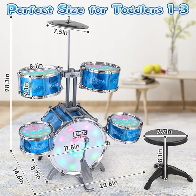 Kids Drum Set for Toddlers with 5 Jazz Drum Kit & Lights (Vibrating-Controlled) & Alloy, Musical Instruments Toys, Boys Gifts for Aged 1-3 3-5