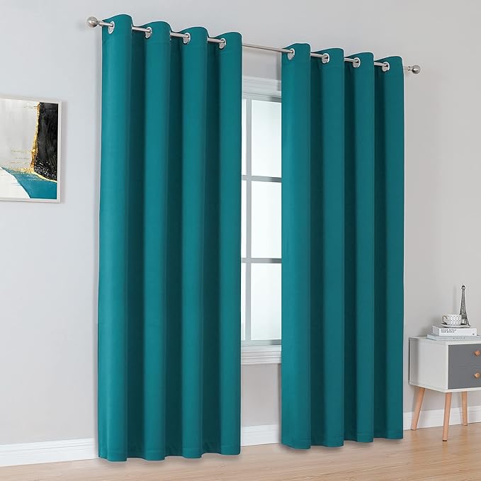 DUALIFE Teal Room Darkening Curtains 96 Inch Length 2 Panels Set Grommet
