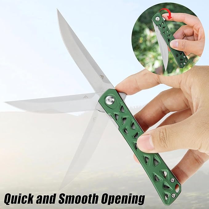 FLISSA Folding Knife, 4.5" Folding Pocket Knife, Hollow-out Design Handle, Tactical Pocket Knife for Hunting, Survival, EDC, Camping and Outdoor Activities, Green