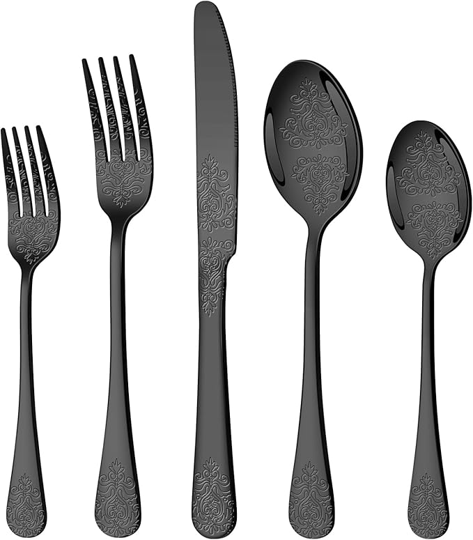20 Pcs Black Silverware Set for 4 with Classical Flower Embossed Design, Food Grade Stainless Steel Flatware Set, Eating Utensils Sets Include Fork/Knife/Spoon, Cutlery Set, Dishwasher Safe