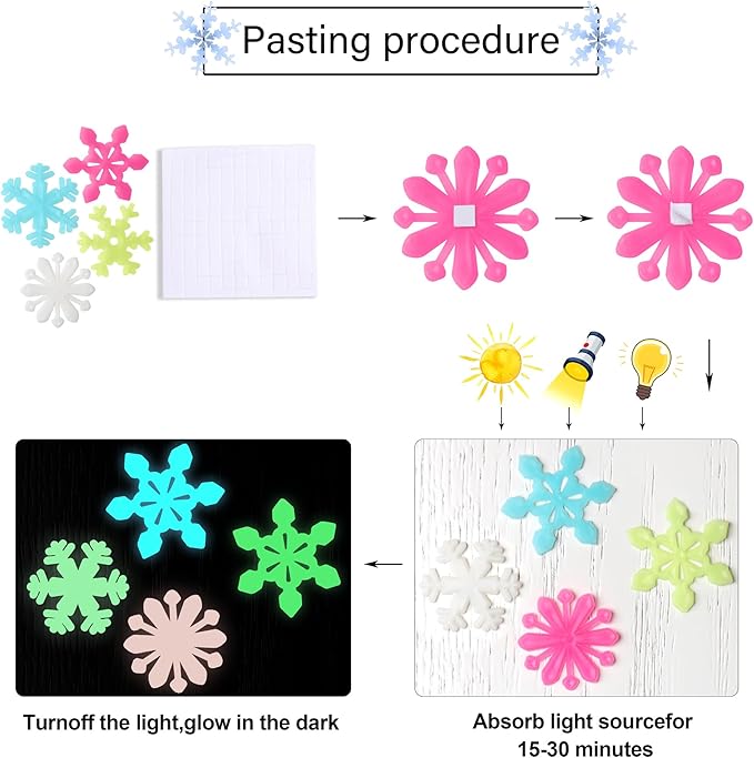 100PCS Removable Colorful Glow In the Dark Snowflake Wall Decor Fluorescent Noctilucent Plastic Glowing Snowflakes Wall Stickers Christmas Decal for Wall Ceiling Kids Girls Nursery Bedroom Living Room
