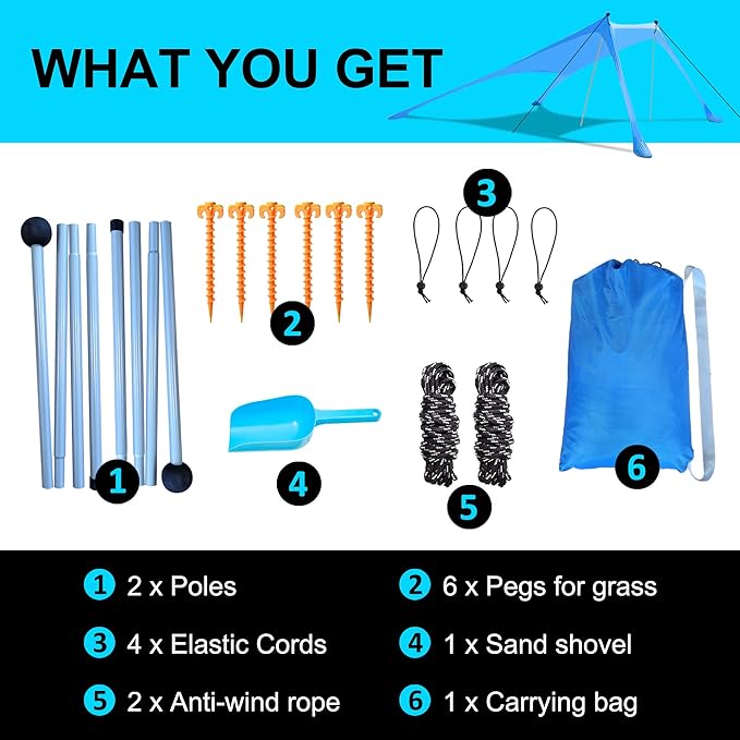 Beach Canopy Tent Sun Shade with UPF 50+ UV Protection, Beach Tent Sun Shelter with Sandbags, Poles and Ground Pegs and Anti-Wind Ropes for Outdoor, Camping, Backyard and Picnics